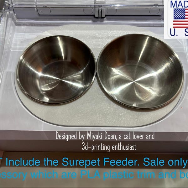 3D Printed Slim Adapter with Stainless Steel Bowls – Fits Non-Wifi Surefeed® Microchip Pet Feeders