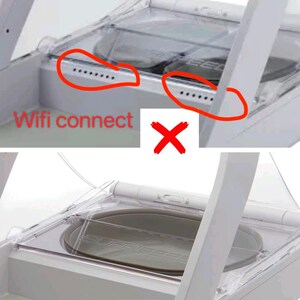 以下が含まれることがあります： 透明な蓋が付いた白いデバイスで、「Non wifi」とチェックマークが付いています。この画像は、Xが付いた「Wifi connect」とラベル付けされた同様のデバイスと対比し、機能の違いを強調しています。