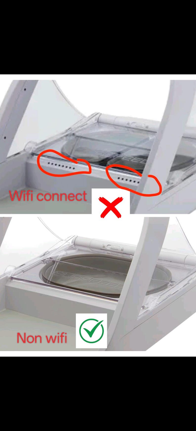 以下が含まれることがあります： 透明な蓋が付いた白いデバイスで、「Non wifi」とチェックマークが付いています。この画像は、Xが付いた「Wifi connect」とラベル付けされた同様のデバイスと対比し、機能の違いを強調しています。