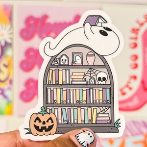 Cute Ghost Reading Sticker, Halloween Ghost Book Sticker, Bookish Ghost Sticker, Pumpkin and Books Sticker, Matte Vinyl Sticker for Readers