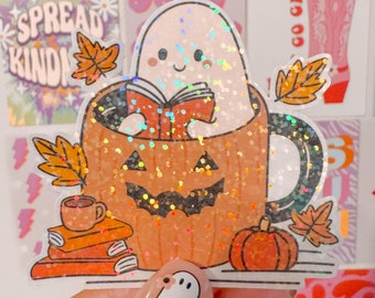 Cute Ghost Reading in Pumpkin Sticker, Holographic Halloween Sticker, Bookish Ghost Sticker, Fall Aesthetic Sticker, Waterproof sticker