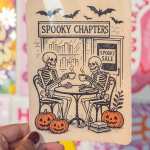 Spooky Chapters Kindle Insert, Fall Skeleton Book Cafe with Pumpkins, Bats, Halloween Bookish Reading Gift, Halloween Bookish Kindle Inserts