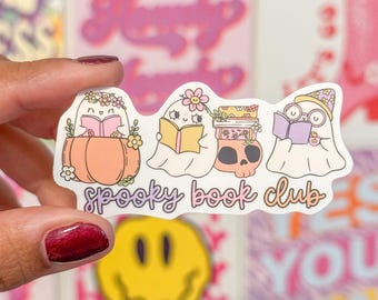Spooky Book Club Sticker, Ghost Reading Sticker for Book Lovers, Cute Fall Halloween Bookish Vinyl Decal, Waterproof Planner Sticker