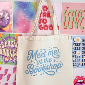 Meet Me at the Bookshop Tote Bag, Book Lover Canvas Tote, Bookish Aesthetic Shopping Bag, Reader Gift for Bookworms