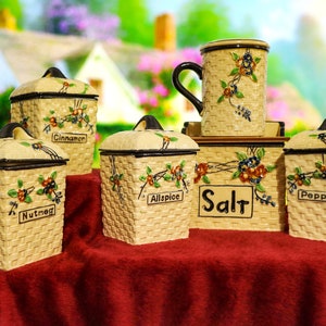 Vintage Hotta Yu Shoten Japan Hand- Painted Basket Weave Spice Containers / Set of 6.