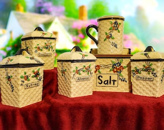 Hotta Yu Shoten Majolica Basket Weave Canister and Pitcher Set