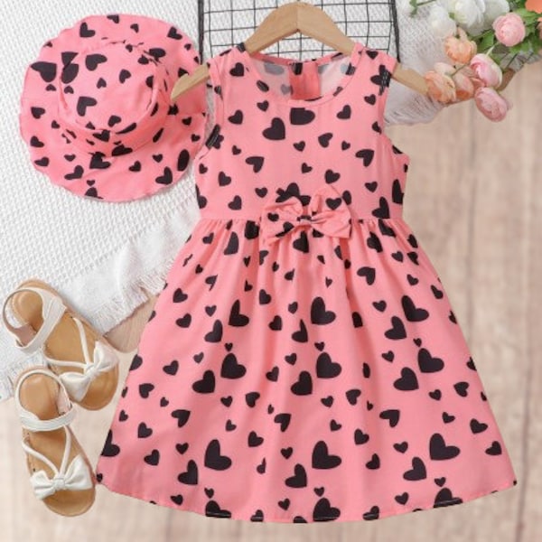 Heart print dress and hat set for girls, Summer outfit for toddler girls with bow, Cute summer dress with hat, Love heart toddler dress