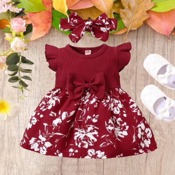 Red floral baby dress 3-24 months, Baby girl red floral outfit, Infant red dress with flowers, Red floral dress for baby shower gift