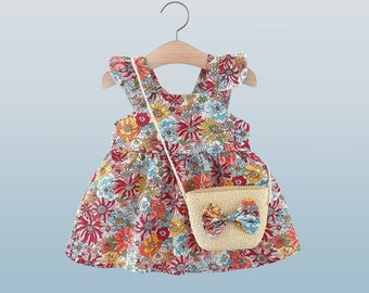 Summer Floral Dress for Baby Girl with Matching Straw Purse, Vintage Garden Flower Purse, Floral Summer Dress and Purse Set, Garden Theme