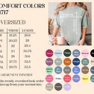 May include: An oversized t-shirt in a light green color is shown, with a size chart and color options. The chart lists sizes S to 4XL, with width measurements from 18.25 to 29.75 inches and lengths from 26.6 to 33.5 inches.