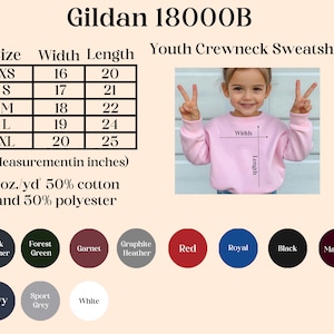 May include: A pink youth crewneck sweatshirt with size and measurement details. The size chart shows measurements in inches, ranging from XS to XL. The sweatshirt is 8 oz./yd, made of 50% cotton and 50% polyester. Available colors include dark heather, forest green, and red.