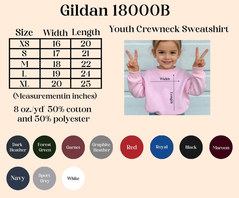 May include: A pink youth crewneck sweatshirt with size and measurement details. The size chart shows measurements in inches, ranging from XS to XL. The sweatshirt is 8 oz./yd, made of 50% cotton and 50% polyester. Available colors include dark heather, forest green, and red.
