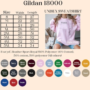 May include: A light pink Gildan 18000 unisex sweatshirt. The image includes a size chart with measurements in inches, and a color palette with options like navy, black, and red. The sweatshirt is made of a cotton and polyester blend.