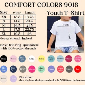 May include: A white youth t-shirt with size and color options. The size chart shows measurements in inches. The available colors are displayed in a color palette. The shirt is made of soft ring-spun fabric.