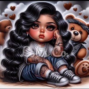 May include: Illustration of a cartoon girl with long black wavy hair, tattoos, and a white t-shirt, sitting with a teddy bear. She wears blue jeans and black sneakers. Brown hearts and a teddy bear are in the background.