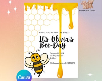 Bee Day Theme - Birthday Party Invitation Template - Editable Canva Invite - Evite - Digital Download