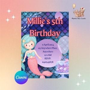 Mermaid Theme Personalised Birthday Party Invitation Canva Invite Evite Digital Download image 1