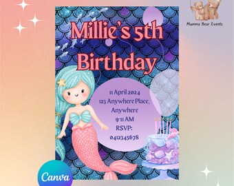 Mermaid Theme - Personalised Birthday Party Invitation - Canva Invite - Evite - Digital Download