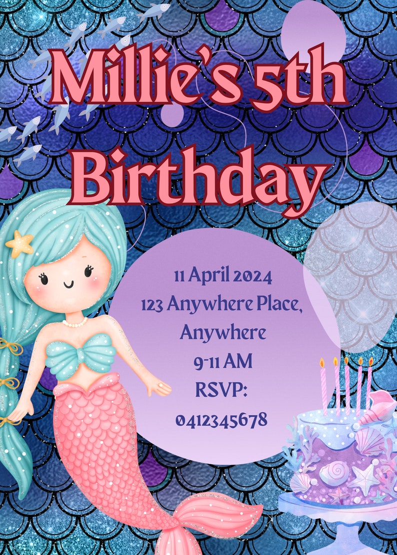 Mermaid Theme Personalised Birthday Party Invitation Canva Invite Evite Digital Download image 2