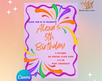 Rainbow Splash - Personalised Birthday Party Invitation - Canva Invite - Evite - Digital Download