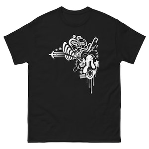 May include: Black t-shirt with a white graphic design of a stylized cartoon character with the text "My Little Raver" in a heart shape.