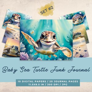 May include: A collection of digital papers for a junk journal, showcasing watercolour illustrations of baby sea turtles. The central image depicts a smiling turtle underwater. The set includes 10 digital papers and 20 journal pages, each 29.2 x 21.6 cm.