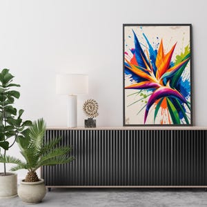 カラフルな極楽鳥のウォールアート | 寮の部屋のアート | トロピカルな花柄プリント | ダウンロード可能なデジタルプリント | ホームデコレーション