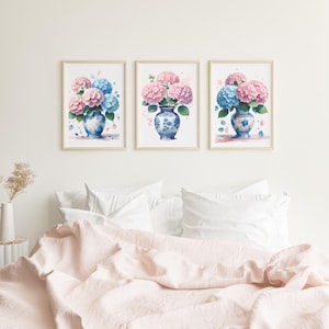 Dorm wall art pink set of 3 hydrangeas | Hydrangeas wall print | Botanical wall art | Watercolor hydrangea blue and pink | Digital prints