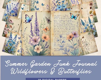 Summer Garden Junk Journal with Wildflowers and Butterflies, Summer Journal Kit, Pastel Garden Art, Flower Journal Pages