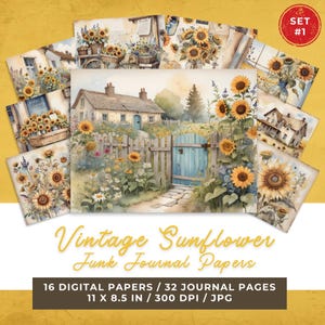 May include: A set of vintage-style sunflower junk journal papers. The papers showcase watercolour illustrations of sunflowers, cottages, and garden scenes. The set includes 16 digital papers, each 27.9 x 21.6 cm, with a resolution of 300 DPI.
