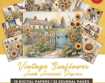 May include: A collection of vintage-style sunflower junk journal papers. The papers feature watercolor illustrations of sunflowers, cottages, and garden scenes. The set includes 16 digital papers, each 11 x 8.5 inches, with a resolution of 300 DPI.
