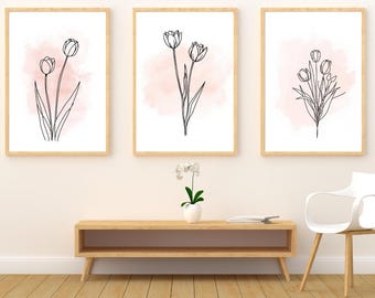 Dibujos de tulipanes, arte minimalista, arte mural imprimible, juego de tres láminas (descarga digital)