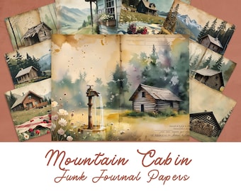 May include: A collection of watercolor-style digital papers with mountain cabin illustrations. The papers feature rustic cabins, mountain landscapes, and journal pages. The text reads "Mountain Cabin Junk Journal Papers" and "11 x 8.5 in".