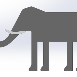 May include: A gray elephant silhouette with a curved trunk and a single tusk. The elephant has four rectangular legs and a rectangular body. The background is white.