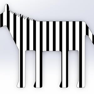 May include: A stylized zebra figure with a black and white striped pattern. The zebra has a simplified design with a saw-tooth mane and a rectangular body. The legs are also rectangular, and the tail has a saw-tooth edge.