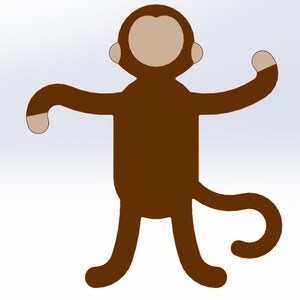 May include: A cartoon illustration of a brown monkey with a light brown face, ears, and hands. The monkey is standing with its arms outstretched and its tail curled. The background is plain white.