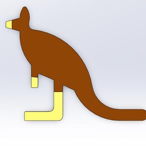 May include: A brown kangaroo silhouette with yellow detailing on the nose, feet, and lower legs. The kangaroo is shown in profile, with a curved tail and a simple design. The background is plain white.