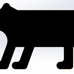 May include: A black bear silhouette with a small, rounded ear and a tan nose. The bear is depicted in a side profile, walking on four legs. The background is a gradient of white to light gray.