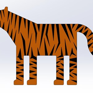 May include: A stylized orange and black tiger illustration. The tiger's body is orange with black stripes, and it stands with its tail curved. The design is geometric and modern, suitable for wall art or children's decor.