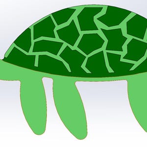 May include: A cartoon-style turtle illustration. The turtle has a green body and head, with a darker green shell featuring a geometric pattern. The turtle's legs are also green, and the background is white.