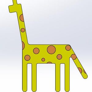 May include: A yellow giraffe-shaped cutout with brown spots. The giraffe has a long neck, four legs, and a tail. The design is simple and cartoonish, with a solid yellow outline and brown spots.