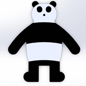 Könnte beinhalten: Stilisierte Illustration eines Pandabären. Der Panda hat ein schwarz-weißes Design mit schwarzen Ohren, Armen und Beinen. Der Körper des Pandas ist weiß mit einem schwarzen Streifen in der Mitte. Der Panda hat zwei schwarze Augen und eine kleine schwarze Nase.