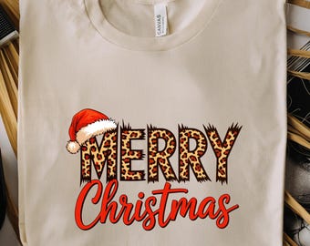 Merry Christmas Shirt :Leopard Christmas Varsity with Santa Hat