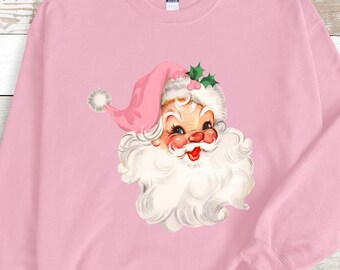 Pink Santa Sweatshirt: Retro Christmas Crewneck for Women