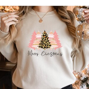 Pink Tree Christmas Sweatshirt, Ladies Merry Christmas Sweatshirt, Leopard Print Christmas Tree Sweatshirt, Christmas Tree Sweatshirt Gift