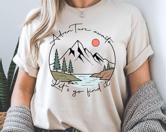 Personalized Adventure Awaits Let's Go Find It T-Shirt, Adventure Awaits Tee, Camping Outfit, Mountain Shirt, Hiking Nature Tee, Troop Shirt