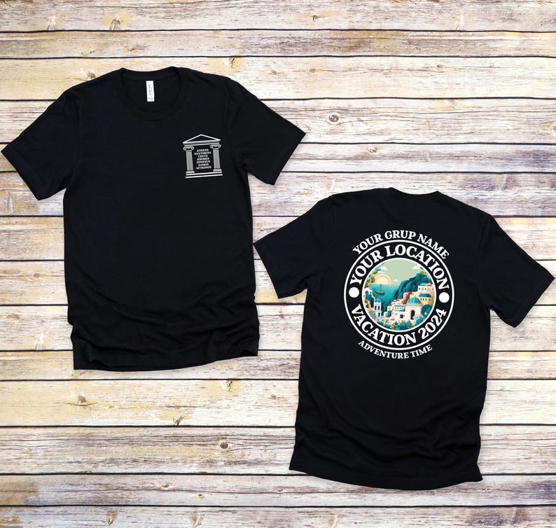 May include: Two black t-shirts with a white graphic design. The front shirt has a white graphic of a building with text. The back shirt has a white graphic of a circle with text that says "Your Grup Name Your Location Vacation 2024 Adventure Time".
