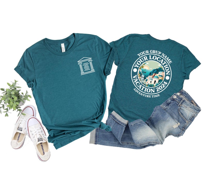 May include: Two teal blue t-shirts with different designs. The left shirt has a white outline of a building with text. The right shirt has a white circle with the text "Your Grup Name Your Location Vacation 2024 Adventure Time".