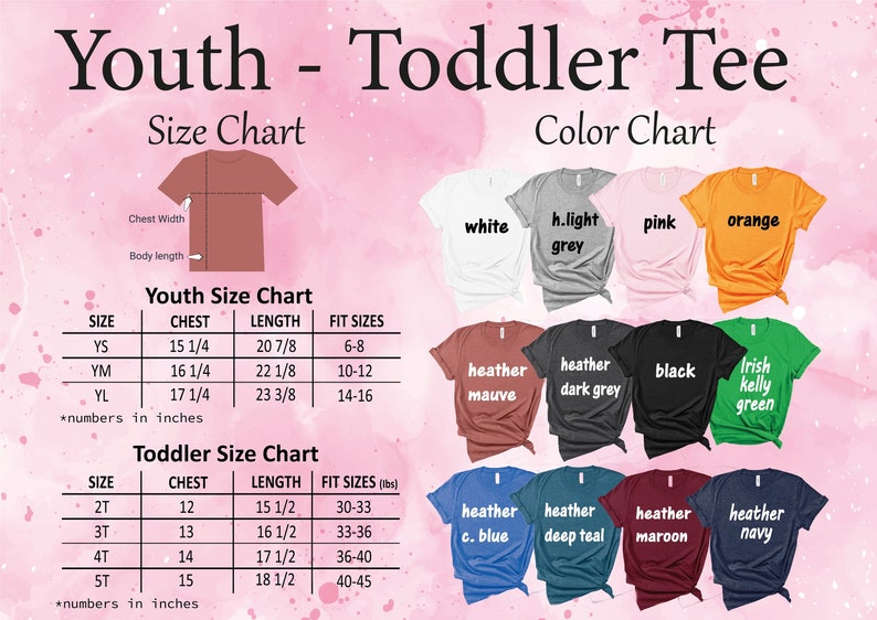 K&ouml;nnte beinhalten: Gr&ouml;&szlig;entabelle f&uuml;r Jugend- und Kleinkind-T-Shirts. Die Tabelle zeigt die Gr&ouml;&szlig;en, Brustumfang in Zoll, L&auml;nge in Zoll und passende Gr&ouml;&szlig;en in Zoll oder Pfund. Die Farbtabelle zeigt 12 verschiedene T-Shirt-Farben, darunter Wei&szlig;, Hellgrau, Rosa, Orange, Heidekraut-Mauve, Heidekraut-Dunkelgrau, Schwarz, Irisch-Kelly-Gr&uuml;n, Heidekraut-C. Blau, Heidekraut-Tiefblau, Heidekraut-Kastanienbraun und Heidekraut-Marineblau.