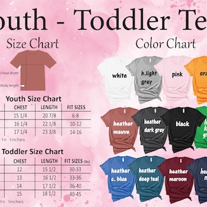 May include: Size chart for youth and toddler t-shirts. The chart shows sizes, chest measurements in inches, length in inches, and fit sizes in inches or pounds. The color chart shows 12 different t-shirt colors, including white, light grey, pink, orange, heather mauve, heather dark grey, black, Irish kelly green, heather c. blue, heather deep teal, heather maroon, and heather navy.
